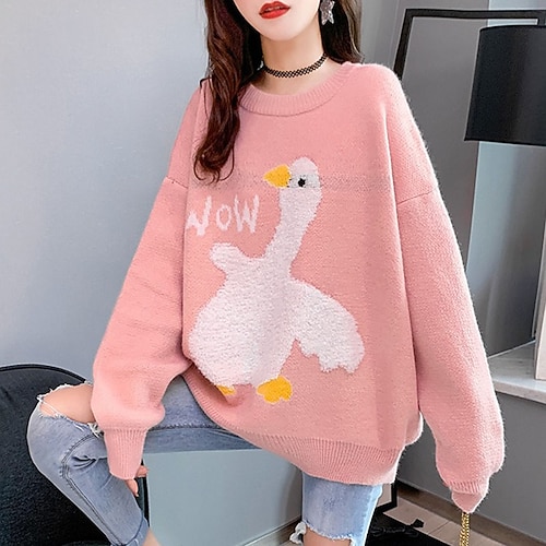 

Women's Jumper Crochet Knit Knitted Animal Crew Neck Stylish Casual Outdoor Daily Winter Fall Blue Pink One-Size / Long Sleeve / Letter / Regular Fit / Going out
