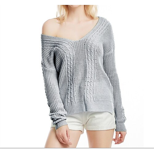 

Women's Jumper Crochet Knit Knitted Solid Color V Neck Casual Daily Winter Fall Wine Beige One-Size / Cotton / Long Sleeve / Cotton / Loose Fit