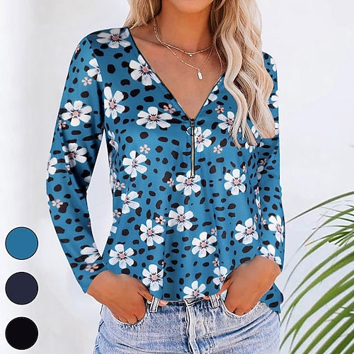 

Women's T shirt Tee Flower Casual Weekend T shirt Tee Long Sleeve Quarter Zip Print V Neck Basic Black Blue Navy Blue S