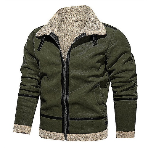 

Men's Winter Jacket Sherpa jacket Winter Coat Fleece Jacket Windproof Warm Street Daily Holiday Zipper Lapel Streetwear Casual Jacket Outerwear Pure Color Pocket Blue Wine Khaki / Long Sleeve