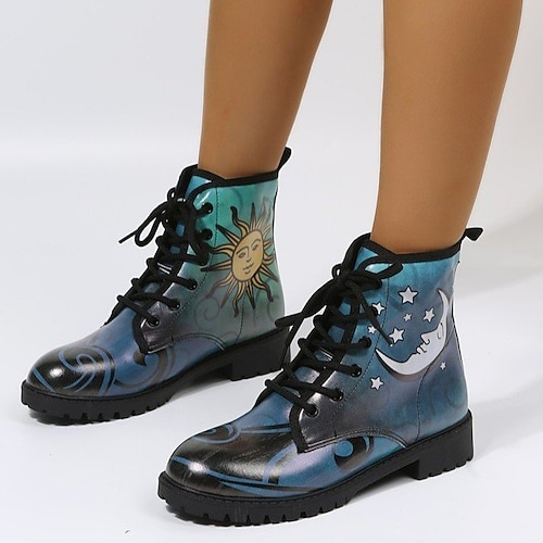 

Women's Boots Combat Boots Plus Size Booties Ankle Boots Chunky Heel Round Toe Casual Daily PU Leather Lace-up Fall Winter Blue