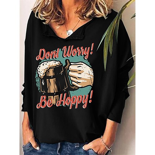 

Women's Plus Size Tops Blouse Shirt Beer Letter Print Long Sleeve V Neck Streetwear Daily Vacation Polyester Fall Winter Black
