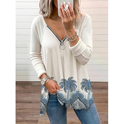 

Women's T shirt Tee Graphic Casual Weekend Floral Painting T shirt Tee Long Sleeve Flowing tunic Quarter Zip Print V Neck Basic White S / 3D Print