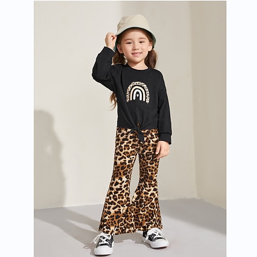 

Kids Girls' Clothing Set 2 Pieces Long Sleeve Black Leopard Crewneck Vacation Active Daily Regular 2-6 Years