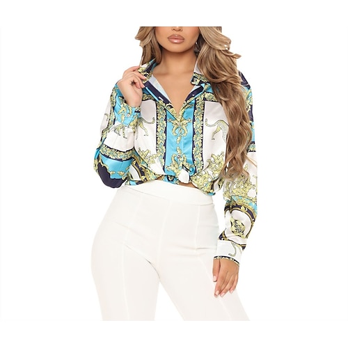 

Chemise Chemisier Femme Bleu Animal Feuilles manche longue Col de Chemise S