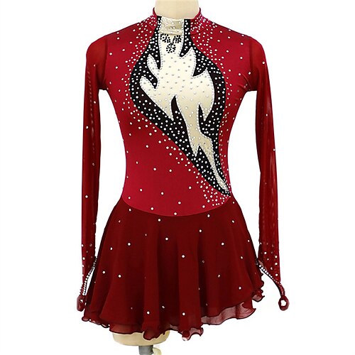 

Figure Skating Dress Women's Girls' Ice Skating Dress Burgundy Thumbhole High Elasticity Training Competition Skating Wear Crystal / Rhinestone Long Sleeve Ice Skating Figure Skating / Winter