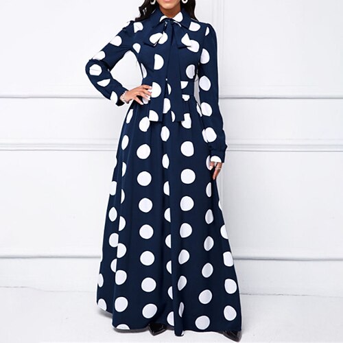 

Women's Shirt Dress Long Dress Maxi Dress Dark Blue Long Sleeve Polka Dot Bow Winter Fall Shirt Collar Winter Dress Fall Dress 2022 S M L XL 2XL 3XL