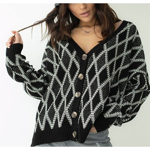 

Women's Cardigan Sweater Jumper Cable Knit Check Pattern Plaid V Neck Stylish Elegant Daily Date Fall Winter Black Khaki One-Size / Long Sleeve / Regular Fit