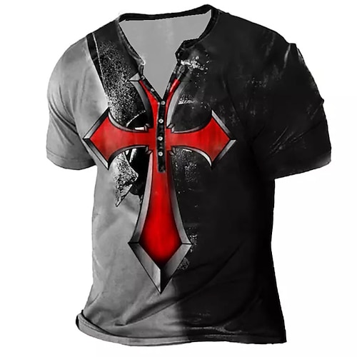 

Men's T shirt Tee Henley Shirt Tee Graphic Color Block Cross Henley Gray 3D Print Plus Size Outdoor Daily Short Sleeve Button-Down Print Clothing Apparel Basic Designer Casual Big and Tall / Summer