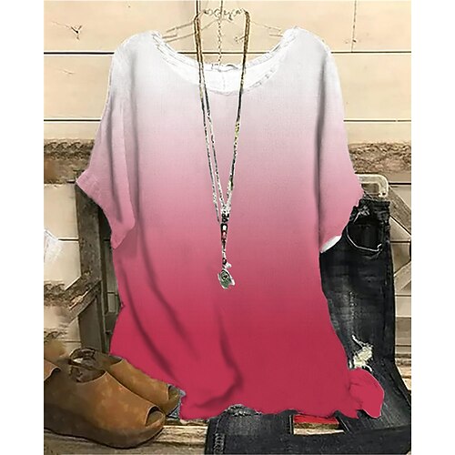

Women's Plus Size Curve Tops Blouse Shirt Color Gradient Print Half Sleeve Crewneck Streetwear Daily Sports Cotton Spandex Jersey Spring Summer Pink Fuchsia