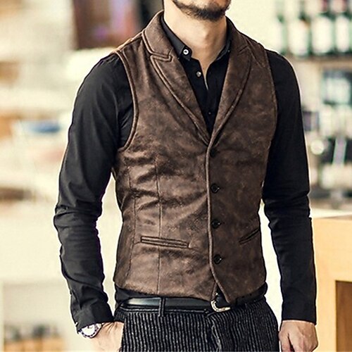 

Men's Vest Gilet Warm Street Holiday Going out Single Breasted V Neck Vintage Style Casual Jacket Outerwear Pure Color Pocket Black Brown