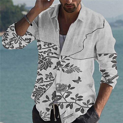 

Men's Shirt 3D Print Floral Turndown Street Casual Button-Down Print Long Sleeve Tops Designer Casual Fashion Breathable White