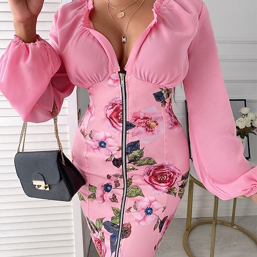 

Women's Sheath Dress Modern Dress Short Mini Dress Pink Long Sleeve Floral Ruffle Zipper Print Fall Winter V Neck Fashion Mature 2022 S M L XL XXL
