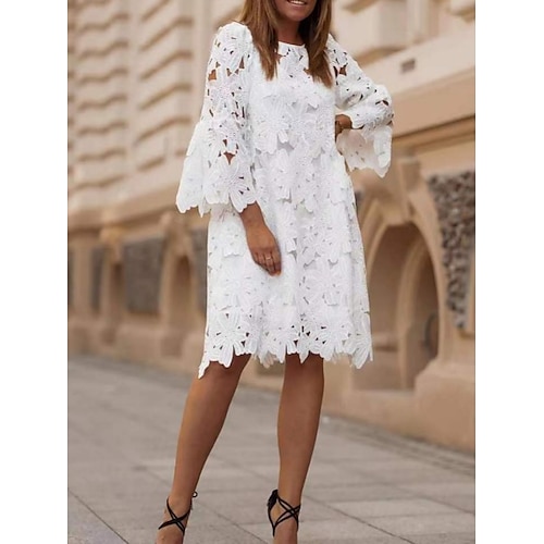 

Women's Cut Out Dress Lace Dress Knee Length Dress White Long Sleeve Pure Color Hollow Out Lace Fall Winter Crew Neck Stylish Modern Flare Cuff Sleeve 2022 S M L XL