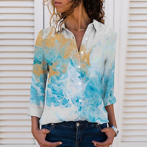 

Women's Blouse Abstract Tie Dye Daily Weekend Blouse Shirt Long Sleeve Button Print Shirt Collar Casual Streetwear Green Blue Pink S / 3D Print