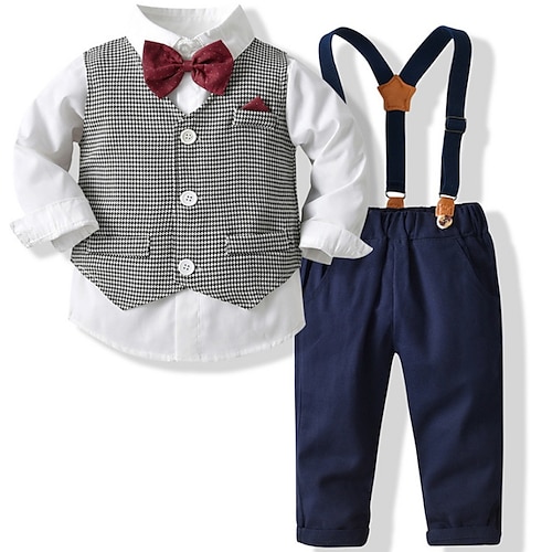 

3 Pieces Kids Boys Shirt & Pants Clothing Set Outfit Plaid Long Sleeve Cotton Set Formal Gentle Preppy Style Fall 2-8 Years Gray