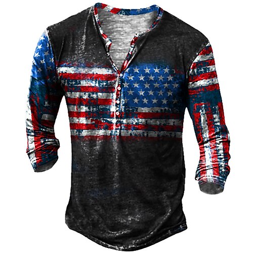 

Men's Henley Shirt T shirt Tee 3D Print Graphic Patterned National Flag Henley Street Casual Button-Down Print Long Sleeve Tops Basic Fashion Classic Comfortable Black