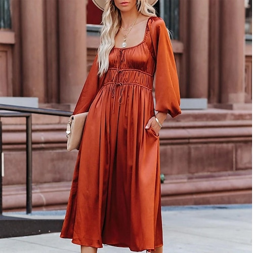 

Vestido de fiesta para mujer, vestido midi naranja de manga larga de color puro con cordones fruncidos para otoño e invierno, cuello en u, moda moderna 2022 xl