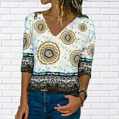 

Women's T shirt Tee Flower Casual Weekend T shirt Tee Long Sleeve Patchwork Print V Neck Basic Black Blue Purple S / 3D Print