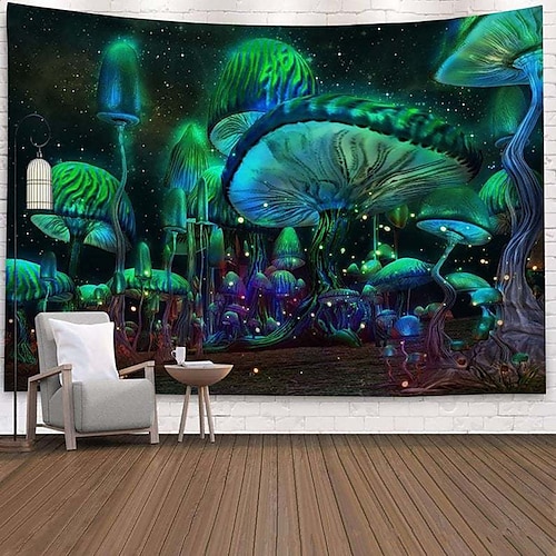 

Blacklight UV Reactive Tapestry Hanging Cloth Fluorescent Mushroom Plant Wall Decoration Home Living Room Dormitory Background Decoration