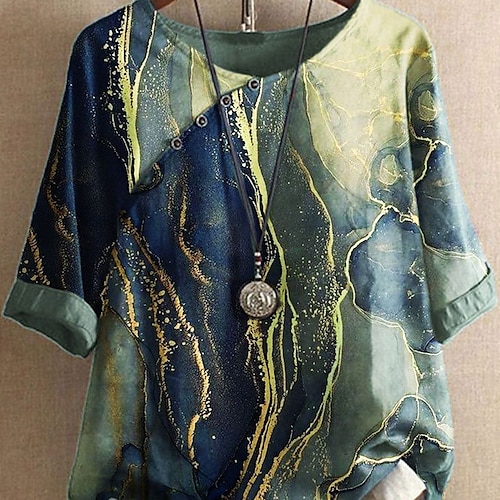 

Women's Plus Size Tops T shirt Tee Plain Tie Dye Patchwork Button Half Sleeve Crewneck Casual Daily Going out Polyester Spring Summer Green Blue / Loose Fit / Print