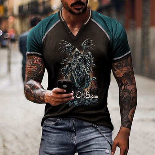 

Hombre Unisexo Camiseta Bloque de color Cráneos Estampados Escote en Pico Azul Piscina Impresión 3D Exterior Calle Manga Corta Retazos Abotonar Ropa Deportes Design Casual Grande y alto / Verano