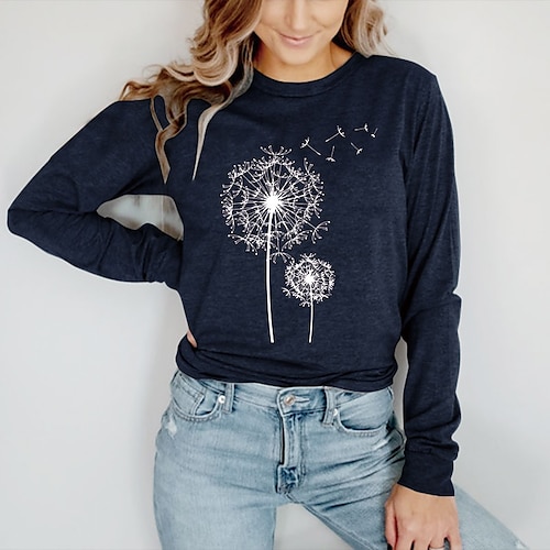 

Women's T shirt Tee Graphic Dandelion Casual Daily Holiday Floral T shirt Tee Long Sleeve Print Round Neck Basic Green Black Blue S