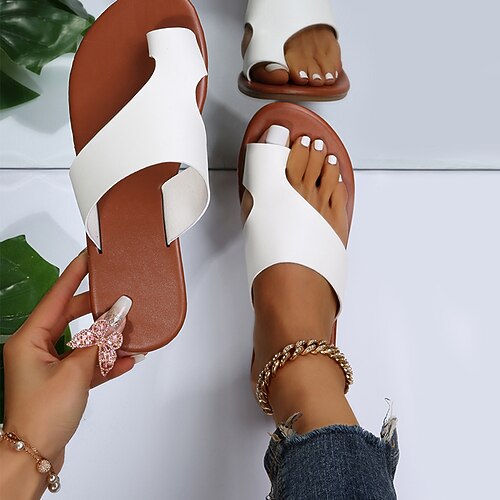 

Women's Slippers Outdoor Office Daily Plus Size Outdoor Slippers Beach Slippers Summer Flat Heel Open Toe Casual Minimalism Walking Shoes Synthetics Loafer Solid Colored Brown White