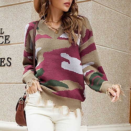 

Women's Pullover Jumper Crochet Knit Tassel Knitted Camouflage V Neck Stylish Casual Daily Going out Fall Winter Khaki Brown S M L / Cotton / Long Sleeve