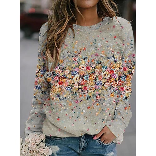 

Women's Sweatshirt Pullover Active Streetwear Print Blue Gray Floral Daily Crew Neck Long Sleeve S M L XL XXL / 3D Print