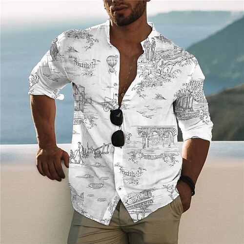 

Men's Shirt Scenery Stand Collar White Long Sleeve 3D Print Outdoor Casual Button-Down Print Tops Fashion Designer Casual Comfortable / Sports