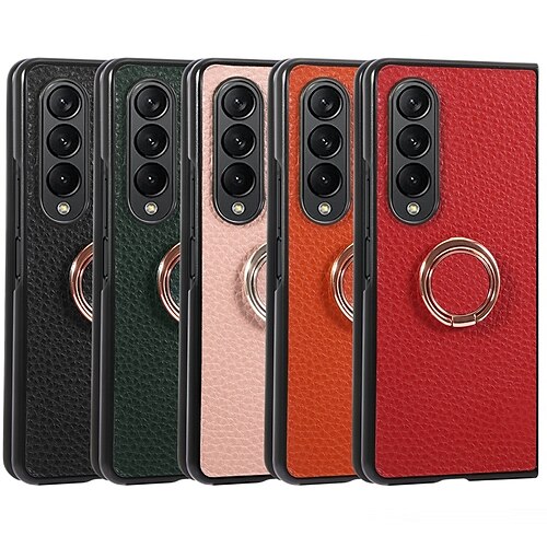 

Phone Case For Samsung Galaxy Back Cover Z Fold 3 Z Fold 4 Bumper Frame Kickstand Military Grade Protection Solid Colored PU Leather