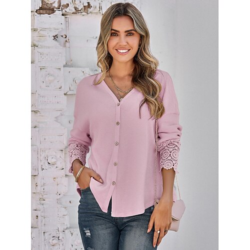 

Women's Autumn/Winter V-Neck Single Breasted Long Sleeve Solid Color Blouse