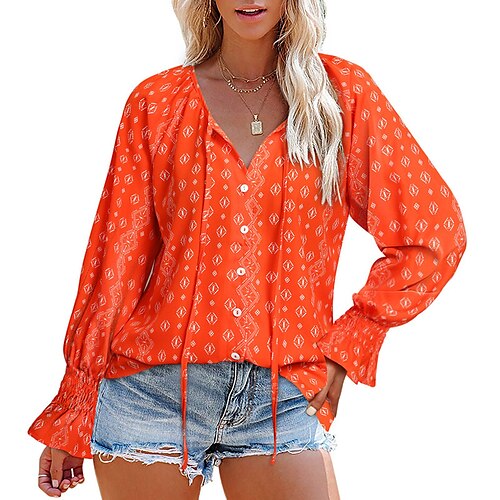 

Women's Blouse Shirt Green Blue Pink Floral Lace up Button Long Sleeve Holiday Weekend Streetwear Casual V Neck Regular Floral S / 3D Print / Print