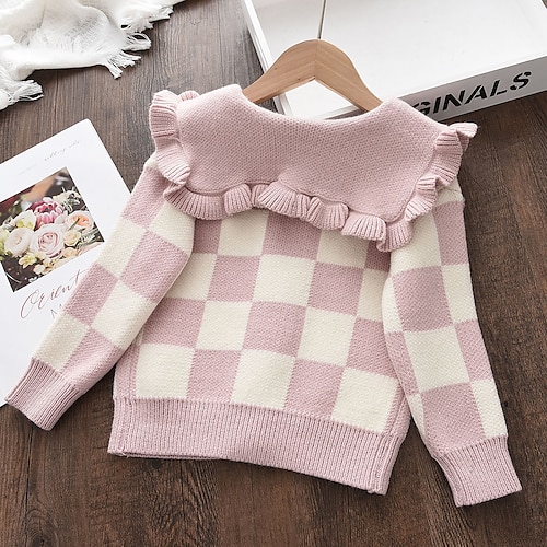 

Kids Girls' Sweater Plaid Daily Long Sleeve Ruffle Fashion 3-6 Years Winter Pink Red