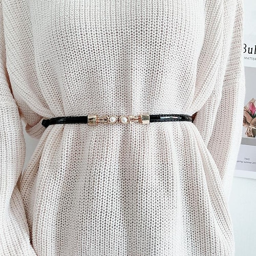 

mirror black thin waist belt decorative suit dress without punching adjustable pearl pull-out belt women