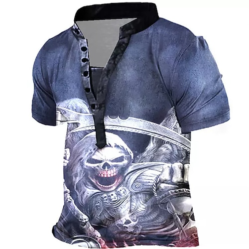 

Men's T shirt Tee Henley Shirt Tee Graphic Skull Stand Collar Blue Short Sleeve 3D Print Plus Size Outdoor Daily Button-Down Print Tops Basic Designer Casual Big and Tall / Summer / Summer / Sports