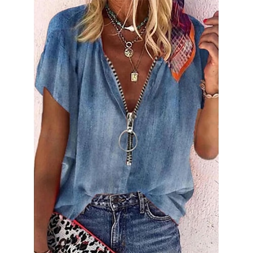 

Women's Blouse Plain Flower Daily Weekend Blouse Shirt Short Sleeve Zipper Print V Neck Casual Streetwear Blue Brown S
