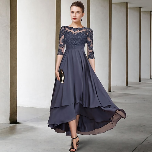 

A-Line Mother of the Bride Dress Plus Size Elegant Jewel Neck Asymmetrical Tea Length Chiffon Lace Short Sleeve with Ruched Beading Appliques 2022