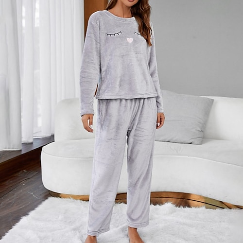 

kvinders pyjamas vintersæt 2 styk hjerte komfort plys hjem dagligt polyester rund hals langærmede bukser broderi vinter efterår lys pink pink/flanel