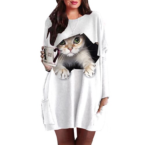 

Women's Plus Size Casual Dress Cat Crew Neck Print Long Sleeve Fall Spring Casual Short Mini Dress Causal Daily Dress