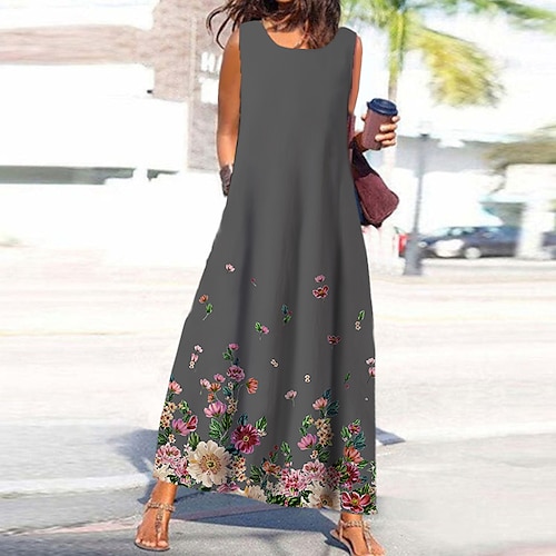 

robe longue Femme Robe casual Sans Manches Printemps Eté Imprimer Floral 2022 Vert Bleu Vert foncé Gris Foncé Rouge Gris S M L XL XXL 3XL