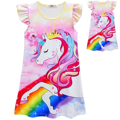

Kids Little Girls' Dress Cartoon Unicorn A Line Dress Holiday Pink Asymmetrical Short Sleeve Princess Sweet Dresses Spring Summer Regular Fit 2-8 Years