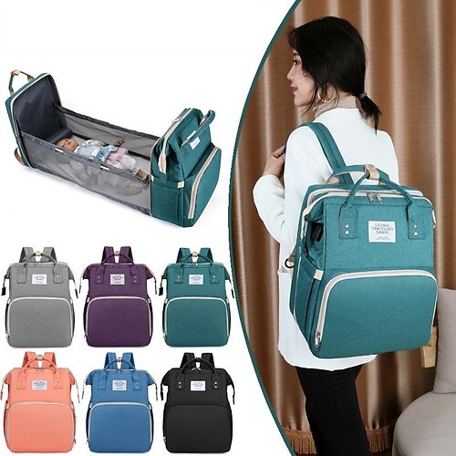 

Unisex Diaper Bag Functional Backpack Nylon Solid Color Large Capacity Traveling Green Black Blue Purple Pink