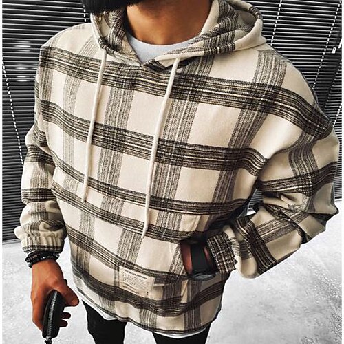 

Men's Hoodie Khaki Hooded Graphic Plaid Print Sports & Outdoor Streetwear Cool Designer Casual Winter Fall Clothing Apparel Hoodies Sweatshirts Long Sleeve / Spring