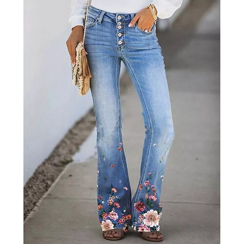 

Women's Chinos Pants Trousers Green Blue Pink High Waist Casual / Sporty Casual Daily Print Micro-elastic Full Length Flower / Floral S M L XL XXL / Loose Fit