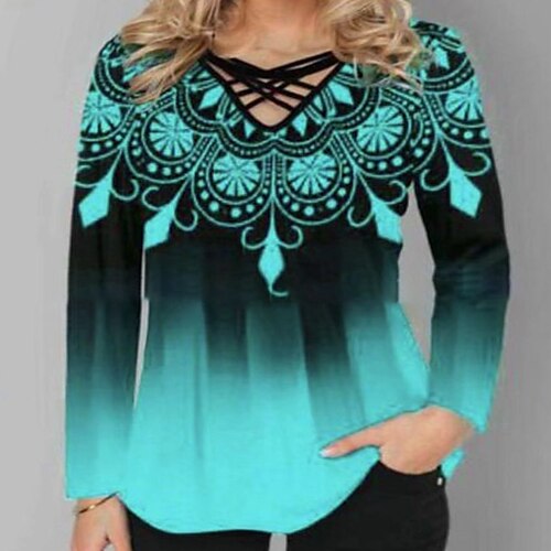 

Women's Plus Size Tops Blouse Shirt Floral Color Gradient Print Long Sleeve V Neck Basic Streetwear Daily Vacation Polyester Fall Winter Green Blue