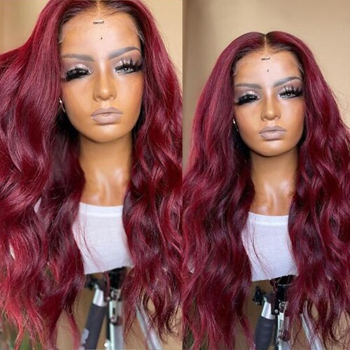 

Remy Human Hair 13x4 Lace Front Wig Free Part Brazilian Hair Wavy Burgundy Wig 130% 150% Density with Baby Hair Natural Hairline 100% Virgin With Bleached Knots Pre-Plucked For Women wigs for black