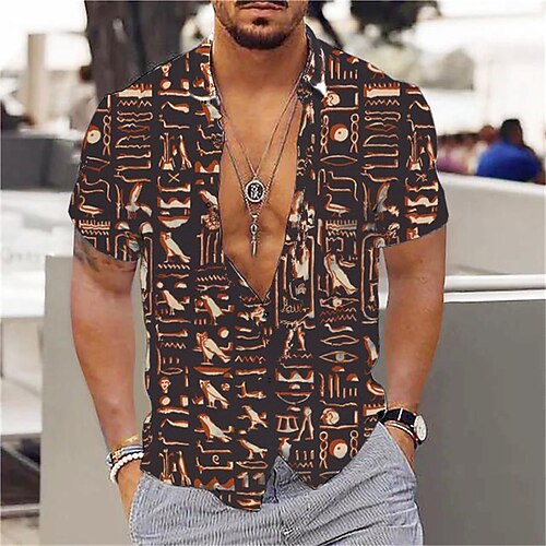 

Men's Shirt Tribal Turndown Orange Short Sleeves 3D Print Outdoor Street Button-Down Print Tops Vintage Designer Ethnic Style Casual / Summer / Spring / Summer