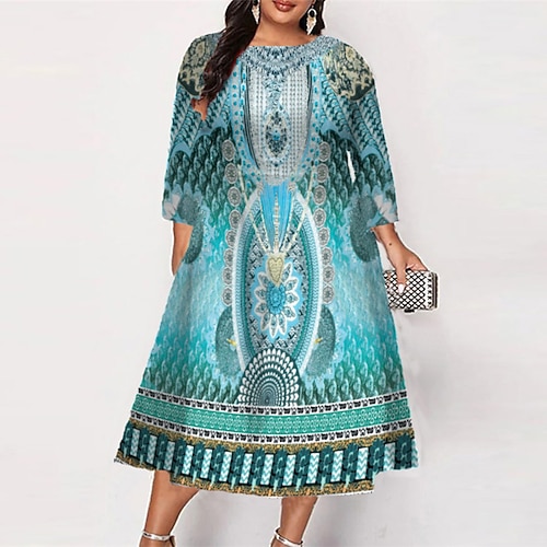

Women's Plus Size Curve A Line Dress Floral Round Neck 3/4 Length Sleeve Fall Winter Work Midi Dress Daily Vacation Dress